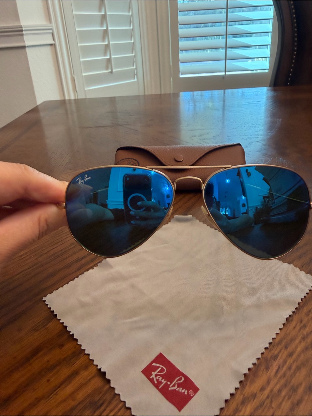 Ray-Ban Gold Frame Sunglasses with Blue Mirrored Lenses - Picture 2 of 5